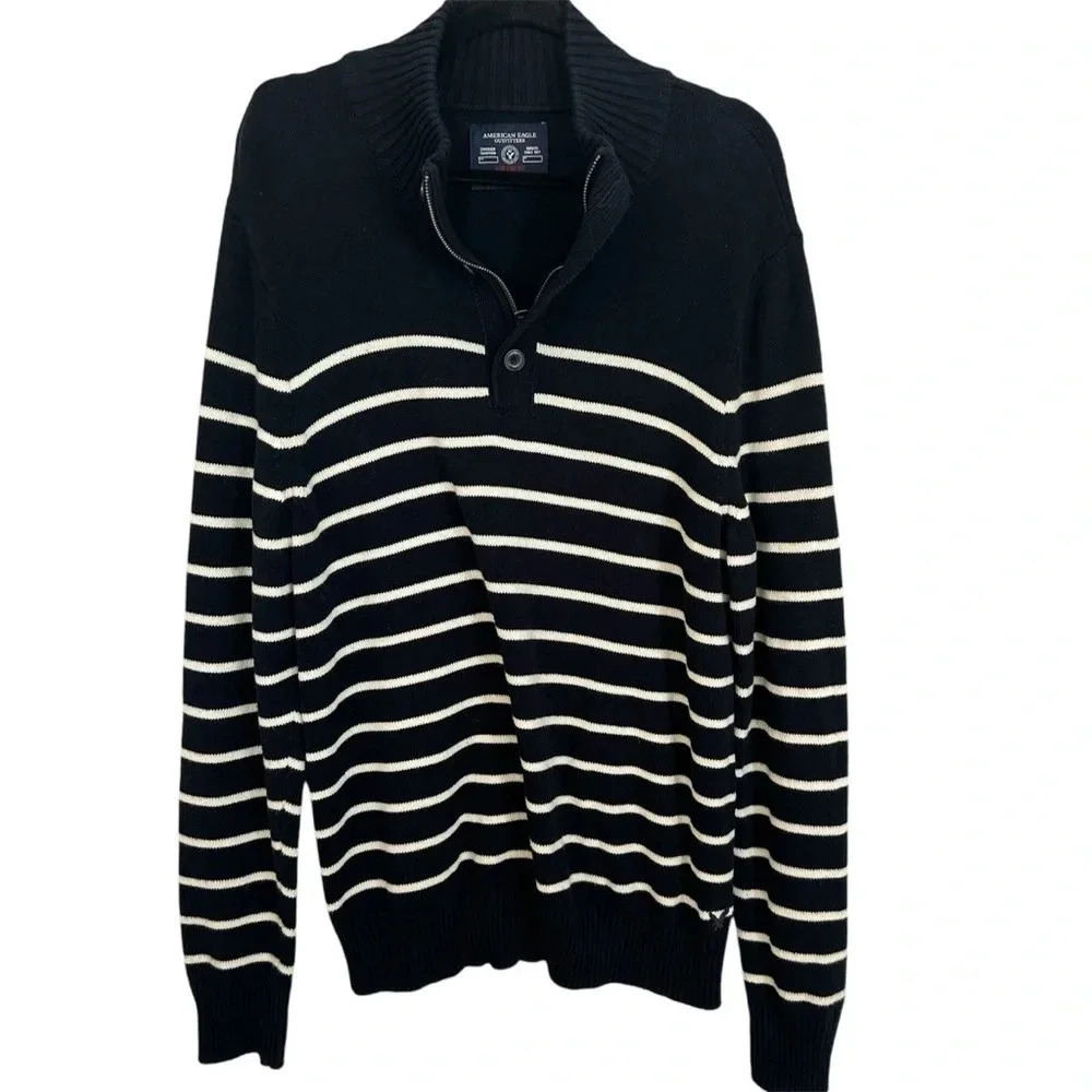 American Eagle Outfitters Men’s 1/4 Zip Navy & White Stripe Pullover Sz XL GUC